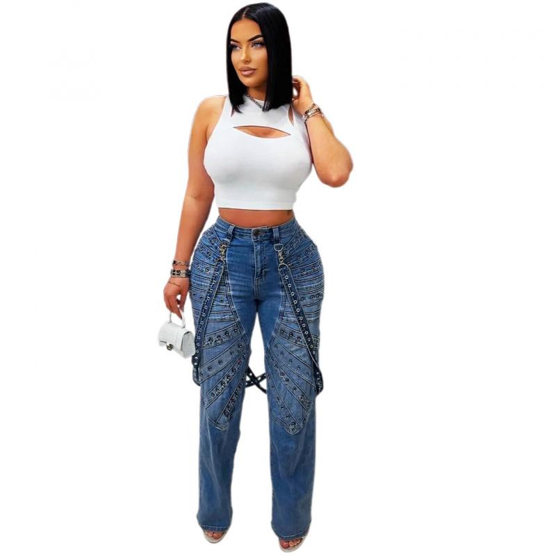 2026 New Fashion High-Waisted Jeans with Metal Studs Casual Women's Trousers