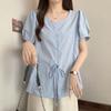 Navava Women Simple Daily Ribbon Short Sleeve Blouse Nb2819