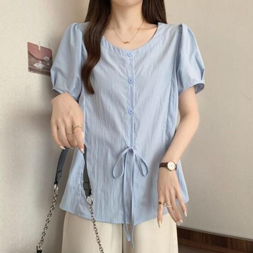 Navava Women Simple Daily Ribbon Short Sleeve Blouse Nb2819