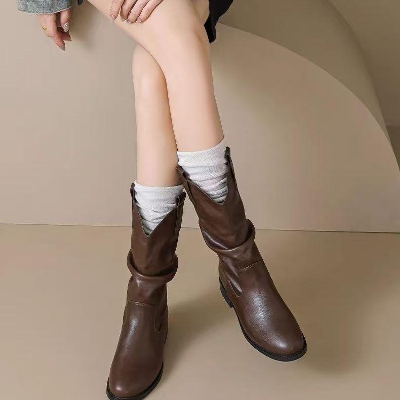 

Женские присборенные ботинки-слоучиНовые осенне-зимние ботинки до середины икры в стиле ретро Melad на флисовой подкладке, ковбойские ботинки в западном стиле 35