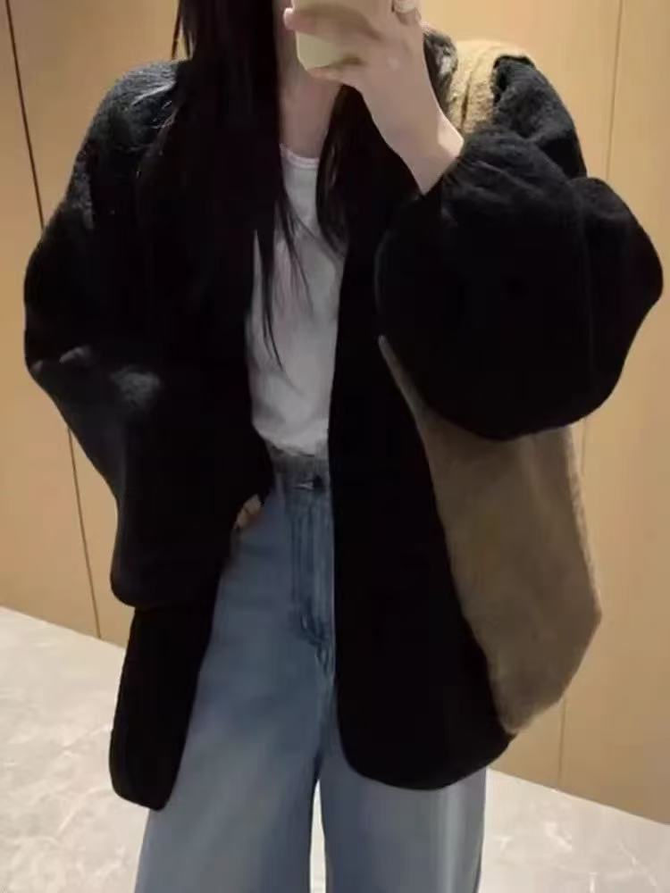 

Вязаный кардиган с рукавами-пузырями и узором коры для женского осенне-зимнего сезона, новый ленивый, скрывающий полноту и стройнящий свитер, универсальная куртка для женщин One size чёрный