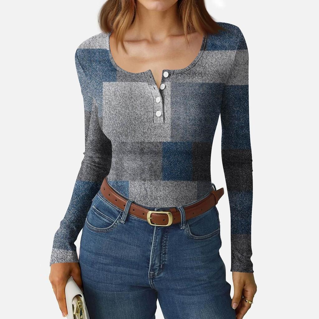 Women's Slim Bottom T-shirt Fashion Casual Gradient Printing Round Neck Pullover Long Sleeve Top