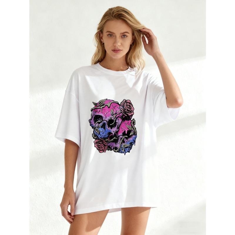 Oversized T Shirt Black Skull And Roses Print Casual Streetwear Top For Women
