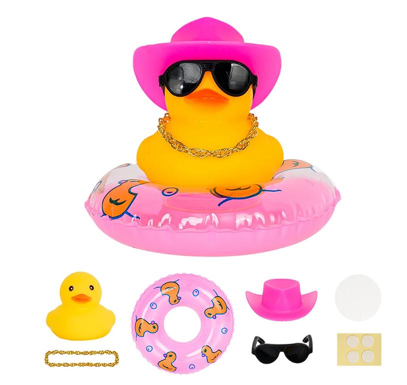 Car Duck Car Rubber Dashboard Decorations Ornament Yellow Rubber Duck with Mini Swim Ring Sun Cowboy Hat Necklace