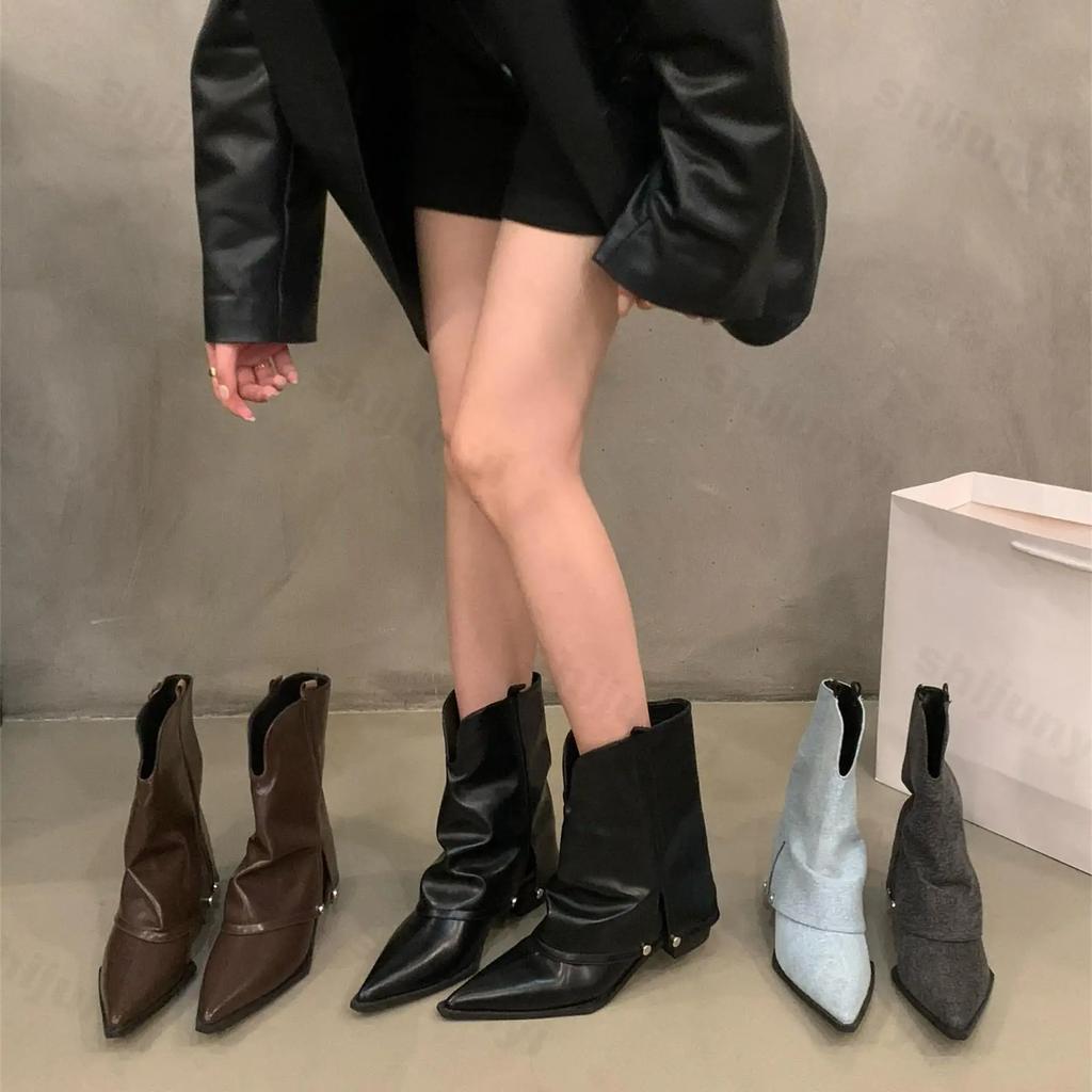 Fashion Vintage Women Western Cowgirl Boots Fashion Designer Elegant Pointed Trouser Boots Thick Heel Women's Modern Short Pants Booties