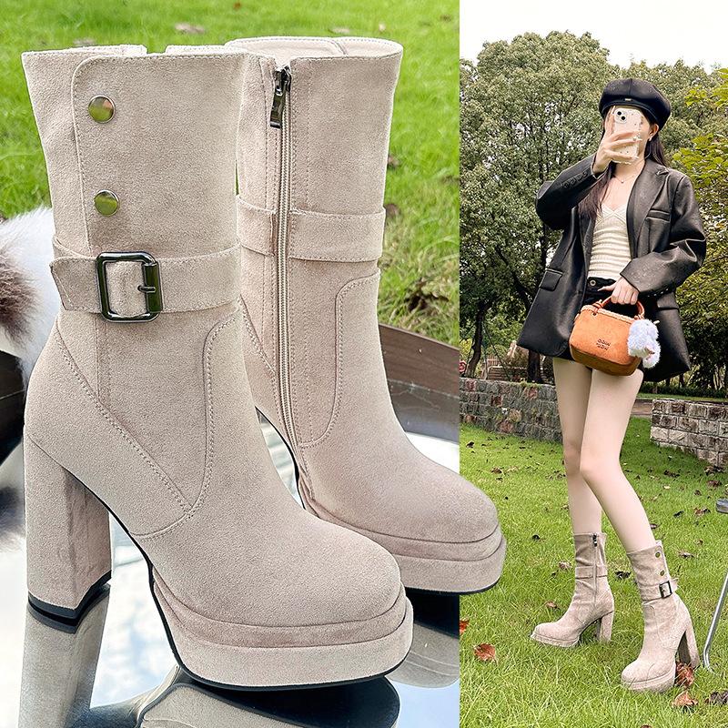 

Замшевые водонепроницаемые туфли на высоком каблуке, модные ботинки Мартин на толстом каблуке с пряжкой, детские 2025 осень-зима, новые модные ботинки 41 абрикосовый