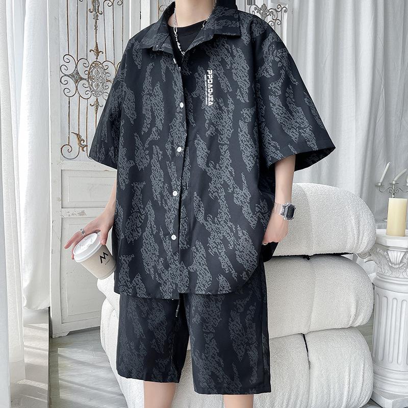 

Шорты с короткими рукавами, комплект рубашки из ледяного шелка для мужской летней одежды, комплект из двух предметов с рукавами большого размера, пять дюймов L