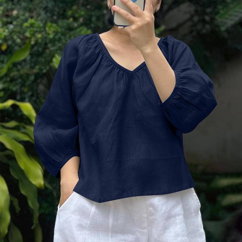 

ZANZEA Женские летние блузки с V-образным вырезом и рукавом 3/4 свободного кроя 5XL темно-синий