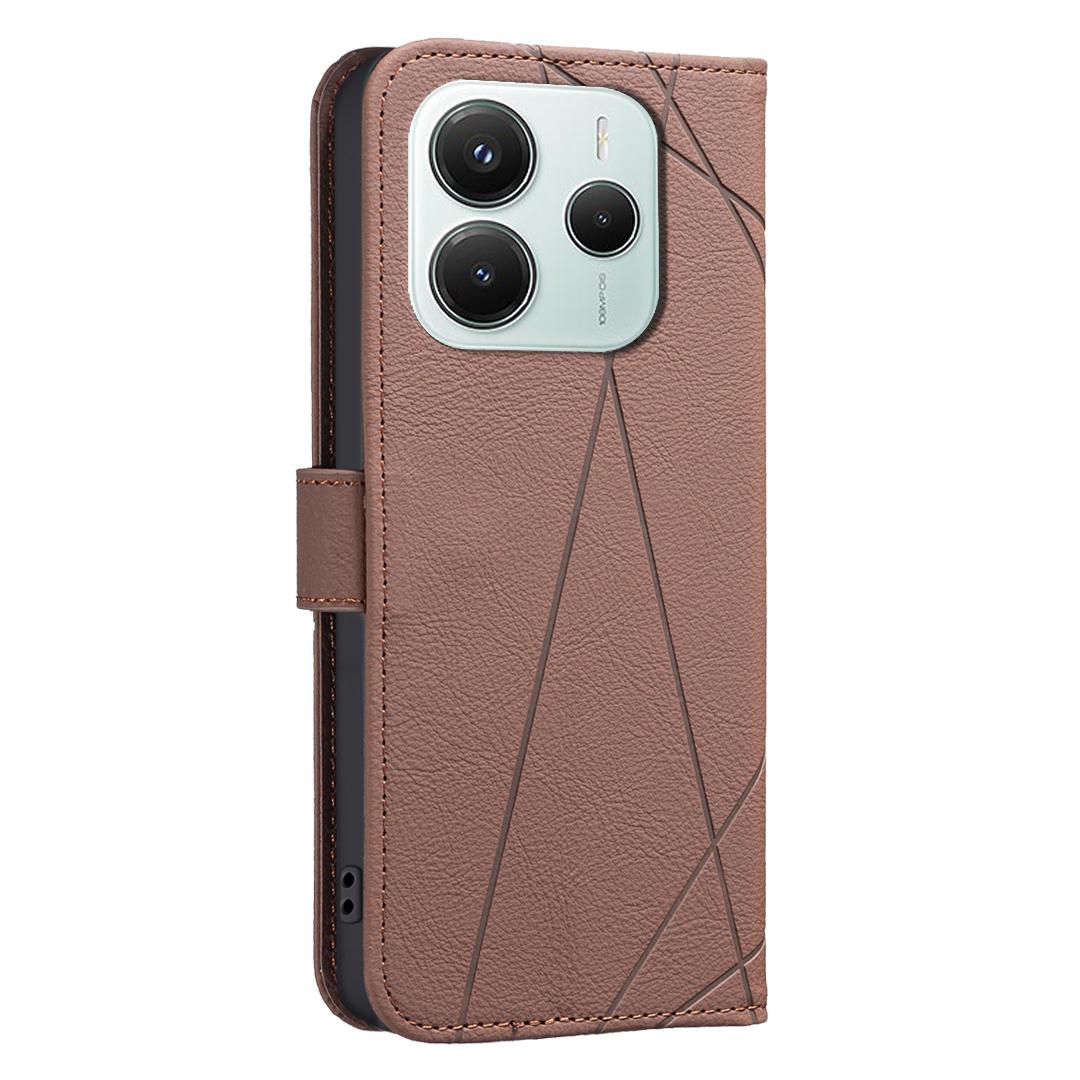 

For Xiaomi Poco M7 Pro 5G/Xiaomi Redmi Note 14 5G Case BINFEN COLOR BF35 Geometry Imprinted Leather Phone Cover RFID Blocking Wallet Stand Beige