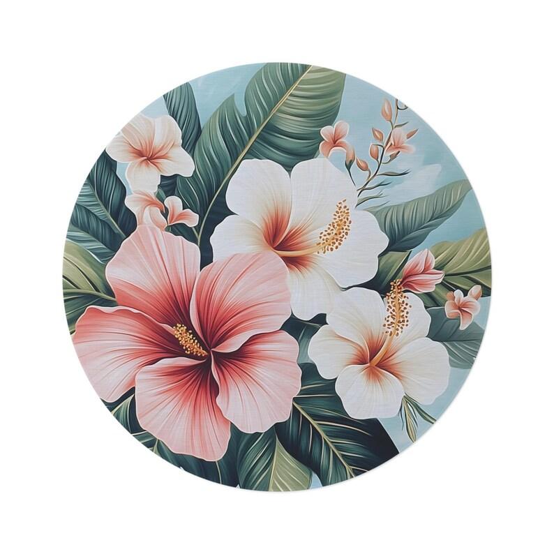 Visual 3D Tropical Hibiscus Plumeria Round Rug Vibrant Floral Carpet Tropical Hibiscus Boho Living Room Bedroom Decoration