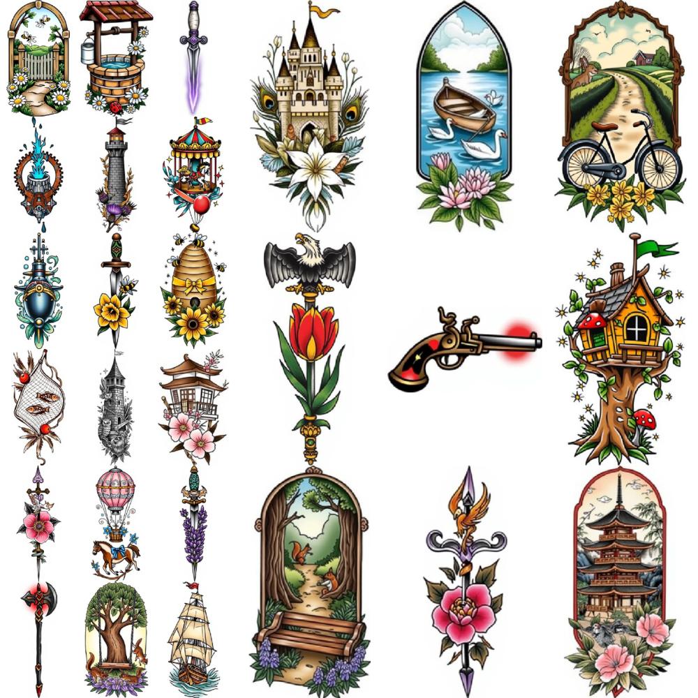 28 peças Tatuagem Temporária Adesivos de Tatuagem Temporária Balde Bem Apicultura Casa na Árvore Para Braços Homens Mulheres