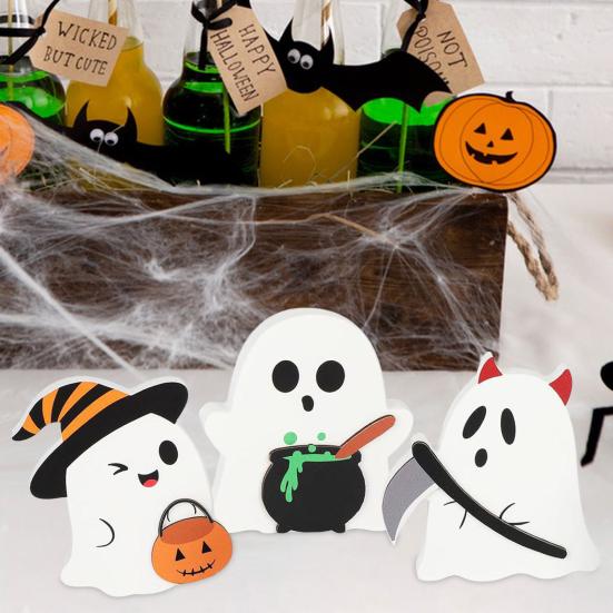 3 Pcs Halloween Ghost Ornament Wooden Ghost Centerpiece Tiered Tray Decoration for Halloween Fall Party Mantel Decor