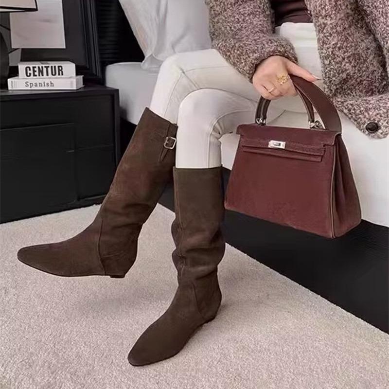 Winter Mid-Calf Boots Women Cow Suede Metal Buckle Decoration Vintage Western Knight Boots Female Handmade