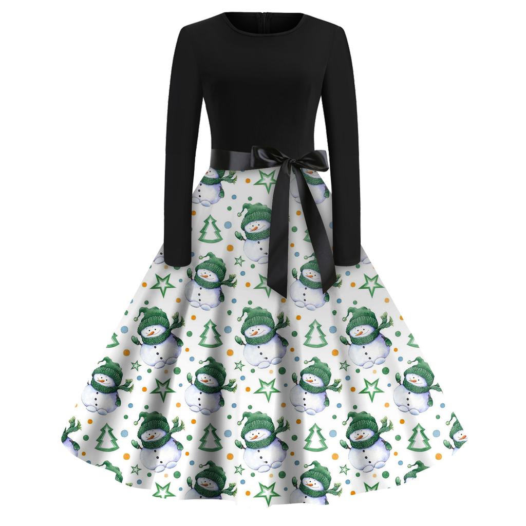 Christmas Print Flare Dress For Women Long Sleeve Dress Hollow Party Casual Dresses