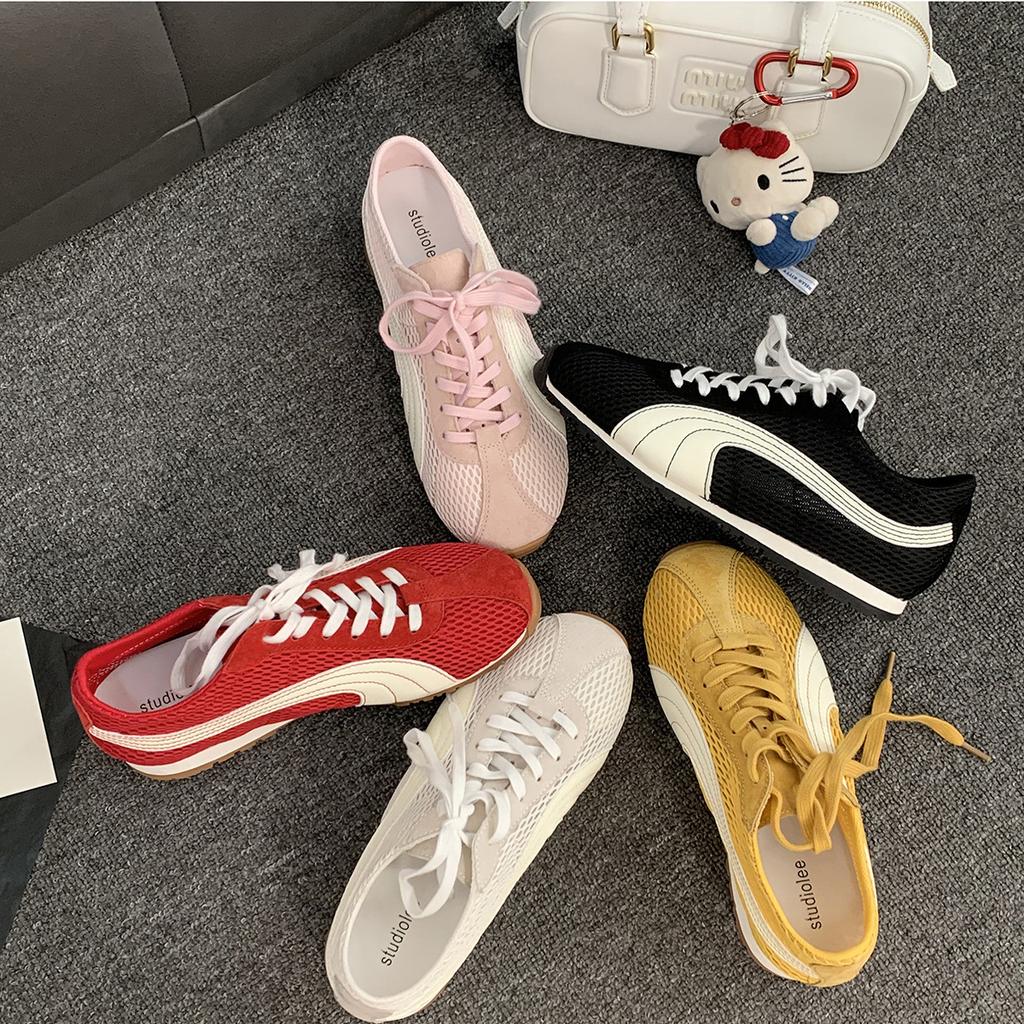 Cowhide~ Grape Mom Breathable Mesh German Training Shoes Women's Contrasting Color Lace-up Ugly Cute Forrest Gump Shoes Flat Casual Sports Shoes