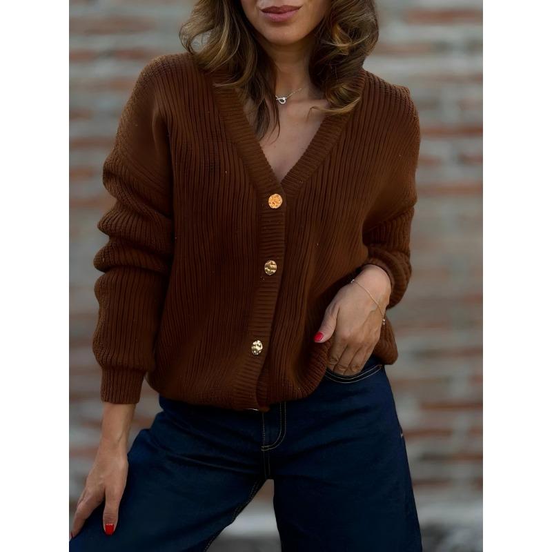 Women V Neck Slim Fit Thick Knit Cardigan Casual Sweater Outerwear