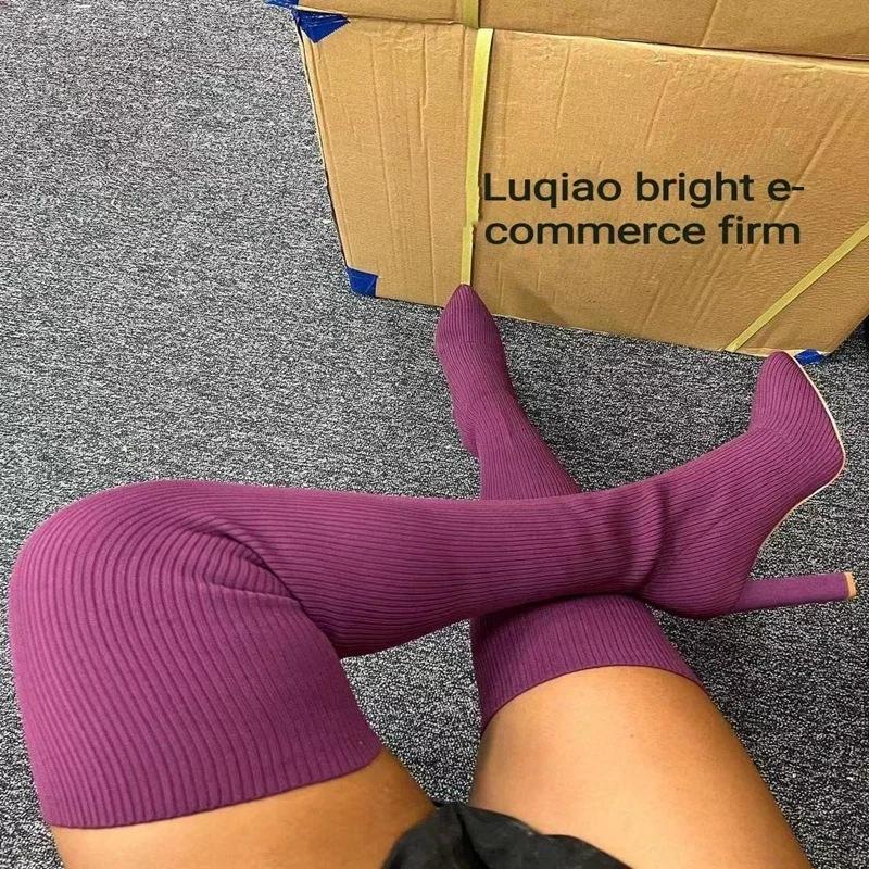 Mujer Botas por encima de la rodilla Invierno Muslo Tejido Calcetines Elásticos Zapato Cálido Sexy Tacones de Aguja Puntiagudas Botas Largas 35-43 botas mujer