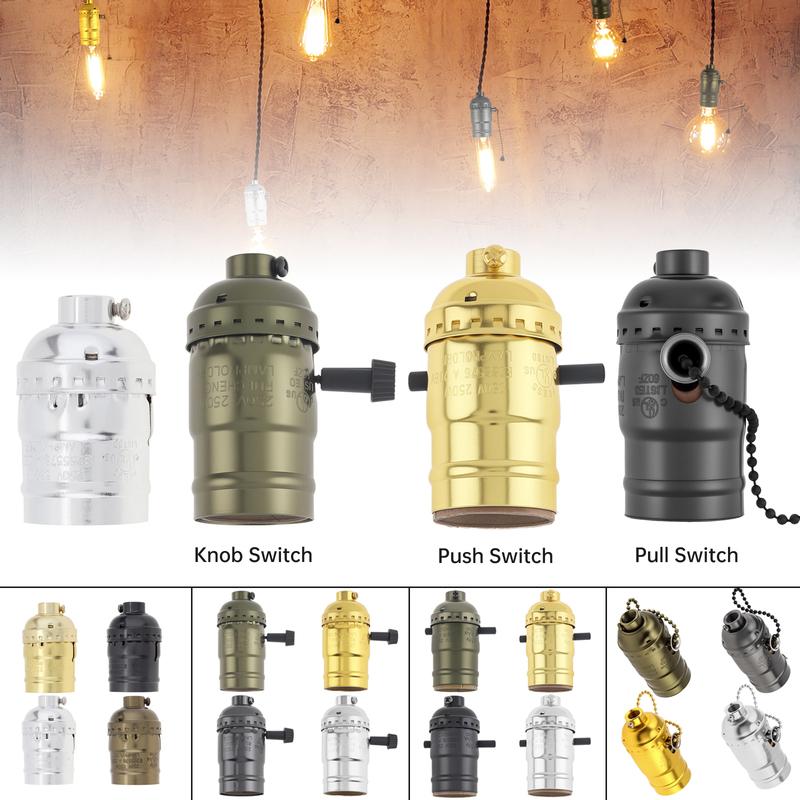 E26 / E27 Socket Vintage Retro Lamp Holder Aluminum Bulb Light Screw Sockets 4 Colors with Switch 110V/220V