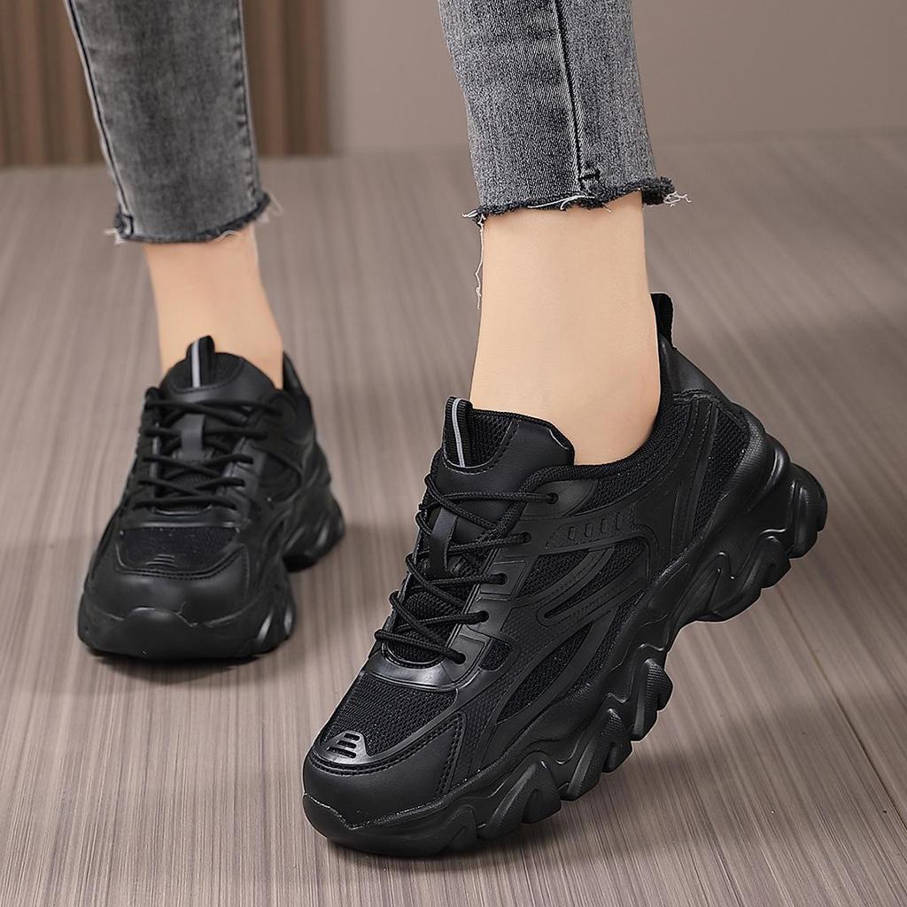 Women's Black Non-Slip Height-Increasing Sports Shoes - Fashionable, Comfortable, Versatile, Thick Sole for Spring/Autumn