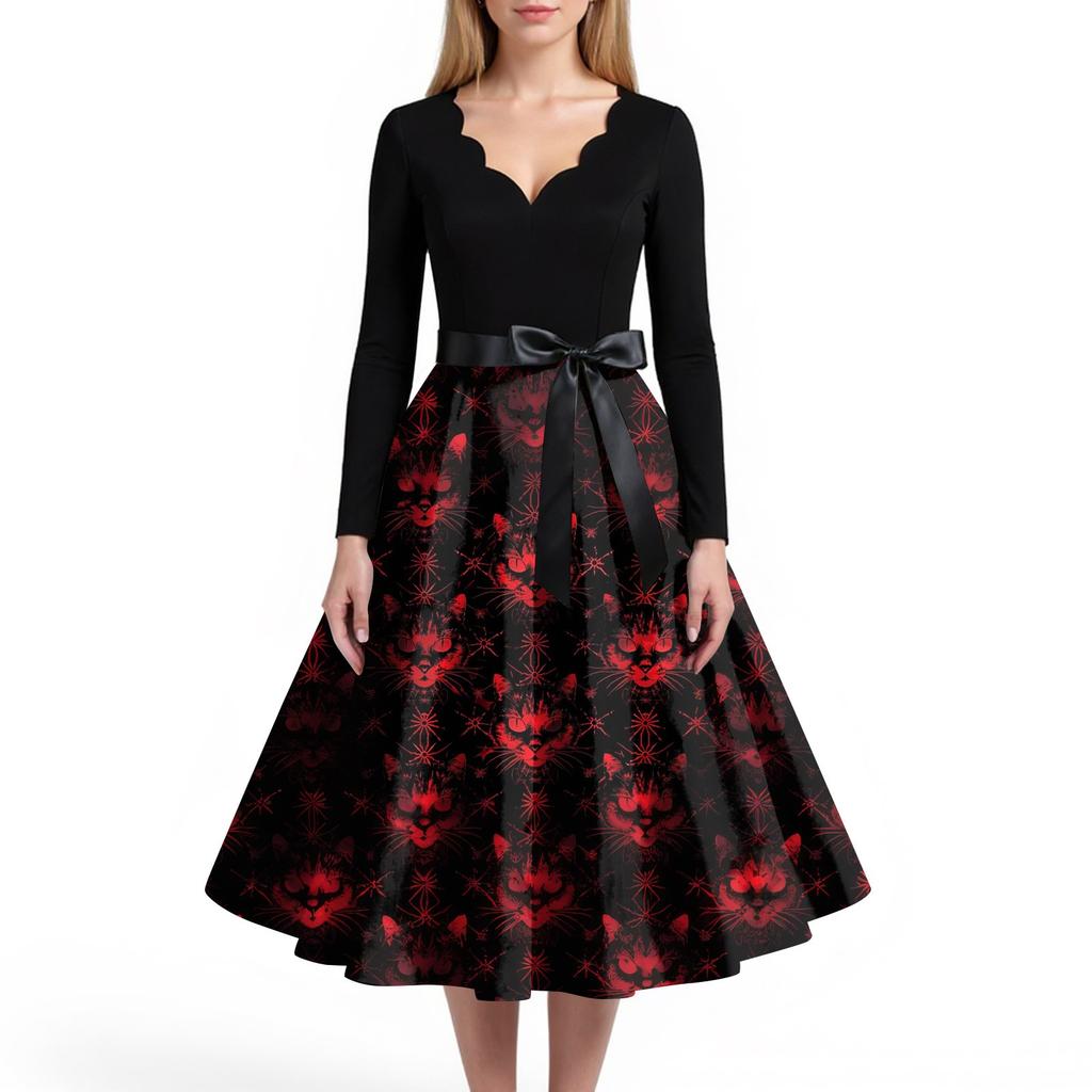 Women's Casual And Fashionable V-neck Long-sleeved Halloween Printed Dress