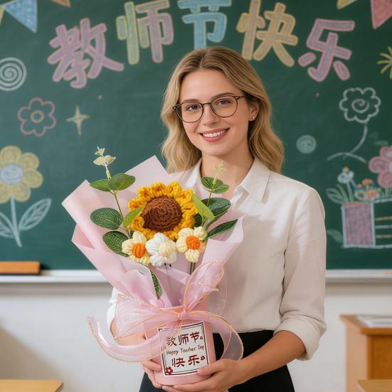 Teachers' Day Crochet Sunflower Bouquet with Eucalyptus Leaf Handmade Knitting Yarn Floral Decoration Home