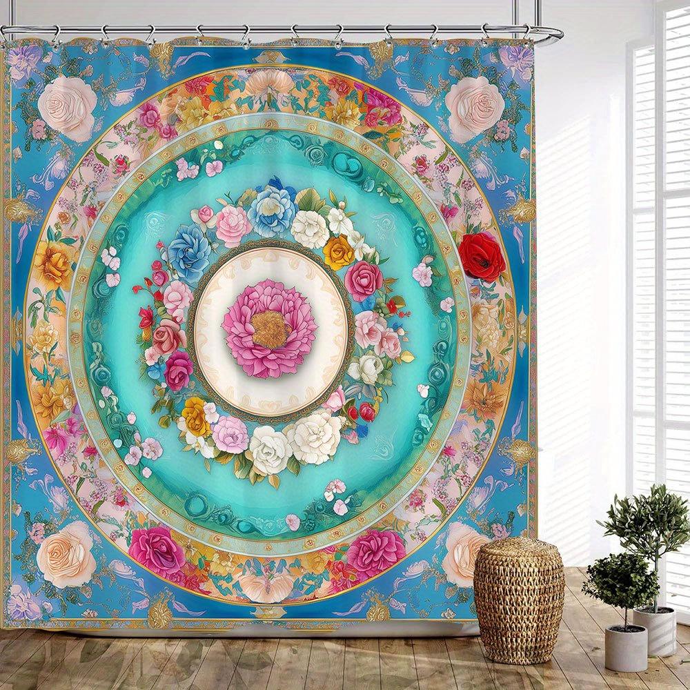 1Pc Luxury Floral Mandala Shower Curtain - Extra Long 70X70 Inches Bathroom Window Drapes With Pink For Lotus, Roses, Turquoise