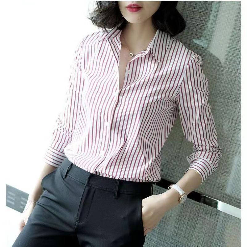Damen Gestreifte Office Slim-Fit Bluse | Langarm Offene Vorderseite Polokragen Vielseitiges Mode Top