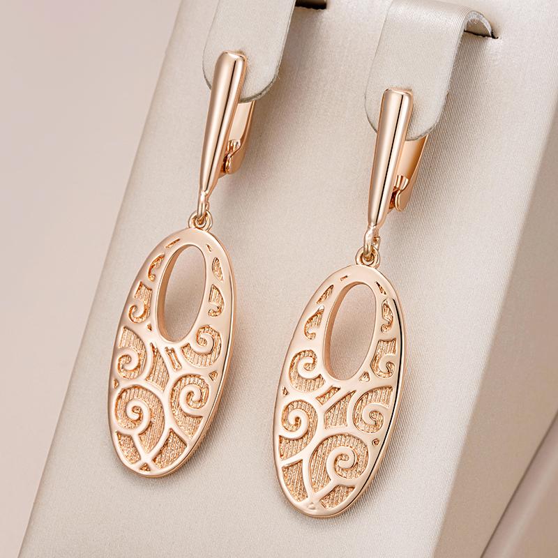 Fashion Glossy Oval Long Drop Earrings For Women  Rose Gold Unique Pattern Metal Bride Wedding Daily Party Jewelry