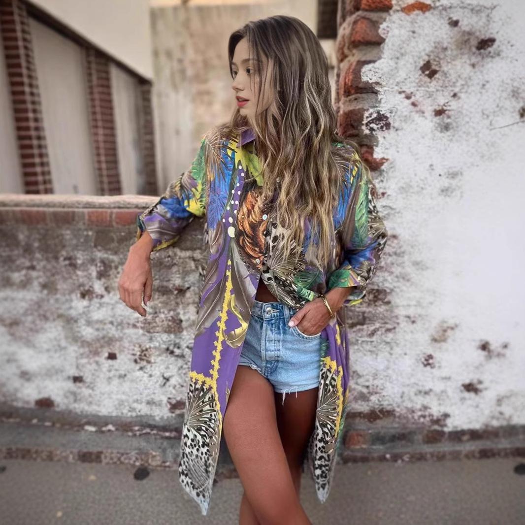 

Женское летнее свободное повседневное платье-рубашка с длинными рукавами и лацканами с принтом XXXL фиолетовый