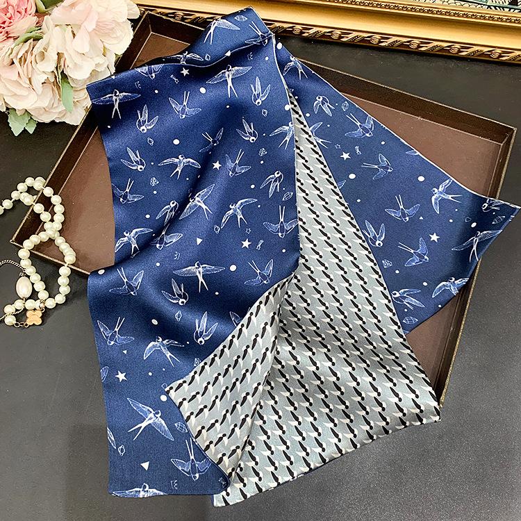 Stylish blue swallow mulberry silk scarf autumn style foreign style fashionable versatile double-layer double-sided silk scarf scarf scarf streamer 145*15CM озеро синий