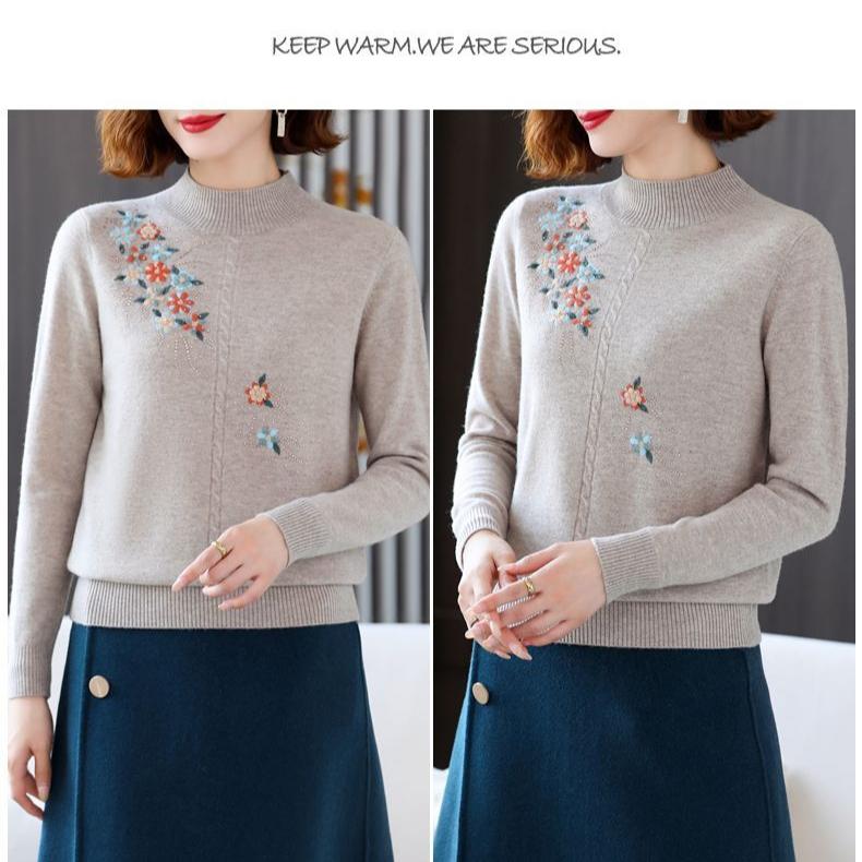 Women's Wool Sweater Round Neck Embroidery Knit Sweater Loose Plus Size Sweater Short Pullover Knitwear Spring Fall Winter