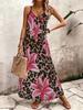 Women's Floral Print V-Neck Suspender Long Dress Vertical Fabric Loose Version Beach Vacation Dress