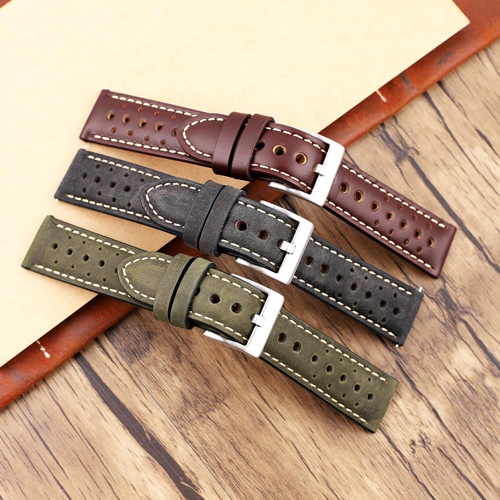 Vintage Leather Watch Strap 20mm 22mm Porous Breathable Watchband Handmade Stitching Replacement Wrist Bracelet Belt Accessories