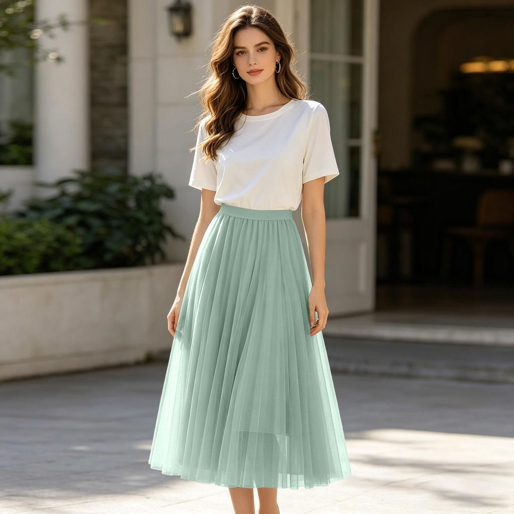 Ladies' Casual And Fashionable Mesh Half Skirt Long Skirt
