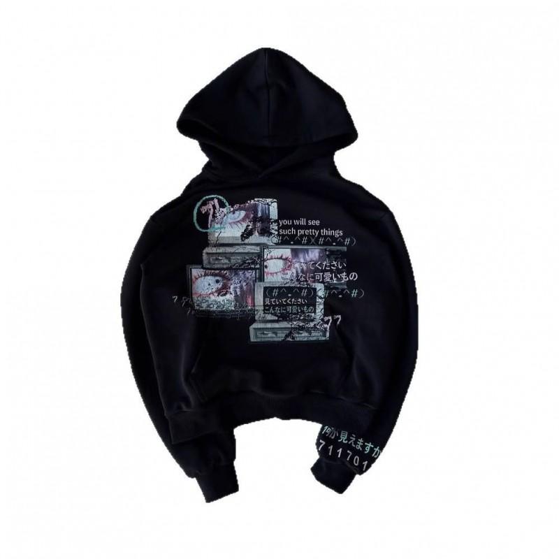 Dunkler Gothic Print Kapuzenpullover Damen Langarm Oversize Streetwear Y2K Trendiger Pullover