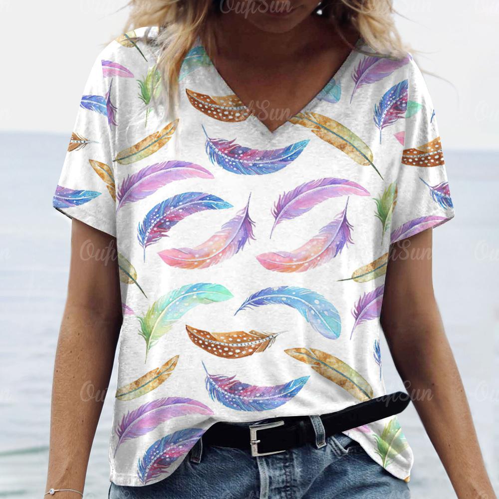 2024 New Women T-shirt Peacock Feather Print Plus Size Top Summer Women's Trend Clothing Fashion Short Sleeve Shirt V-Neck Tees