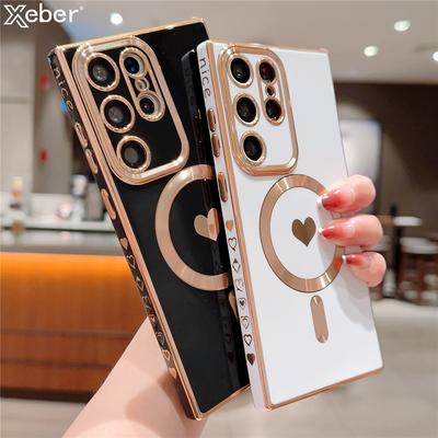 Luxus Magnetische Liebe Herz Überzug Weiche Silikon Fall Für Samsung S21 S22 S23 Ultra Plus Stoßstange Stoßfest Drahtlose Lade Abdeckung