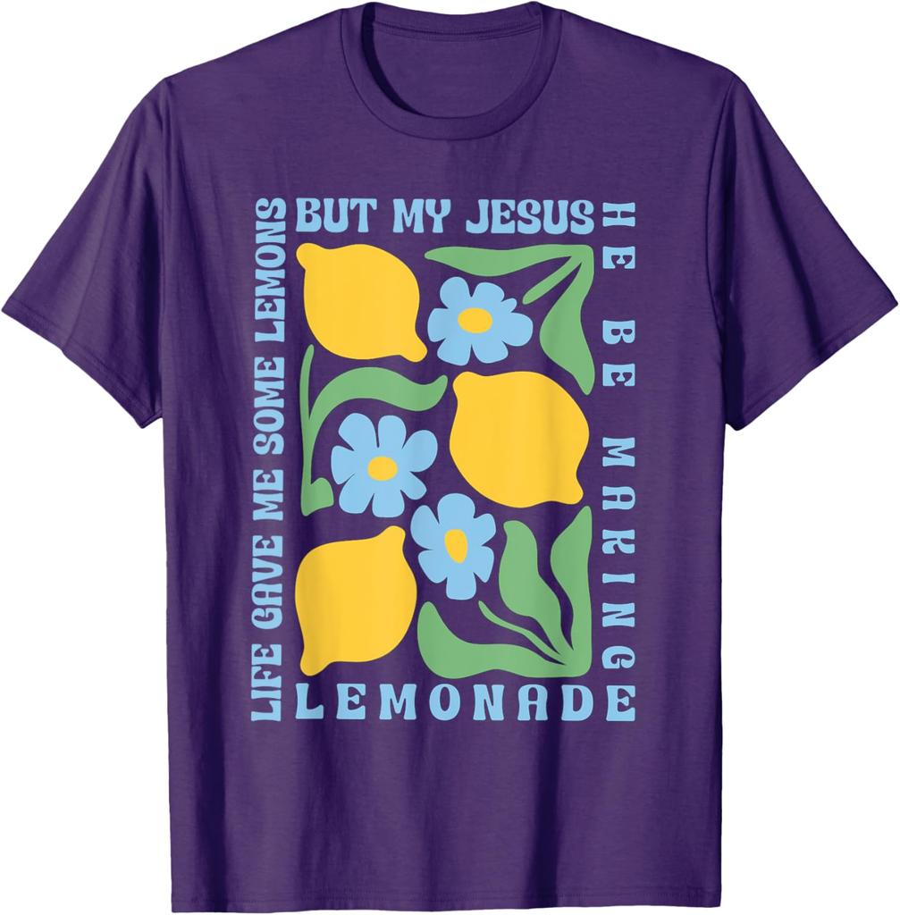 Jesus Making Lemonade Graphic Tee Religious Faith Christian Humor Short Sleeve T-Shirt Casual Tops