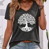 Kurzarm-T-Shirt mit V-Ausschnitt und Blumen- und Blätterprint für Damen