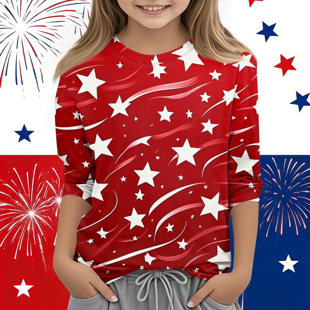Print Tops For Youth Girls Round Neck 3/4 Sleeves T-Shirts Trendy Tops Outfit Tees Independence Day
