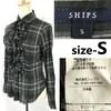Japan Made Lightweight Cotton Frill Blouse Long Sleeve Gray Check Size S Ladies(USED)
