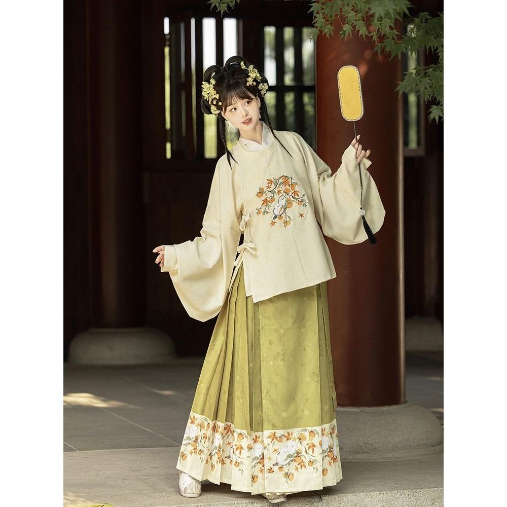 Chinesischer Ming-Dynastie-Stil Hanfu Rundhalsrobe Pipa-Ärmel Pferdegesicht-Rock Anzug für Frauen