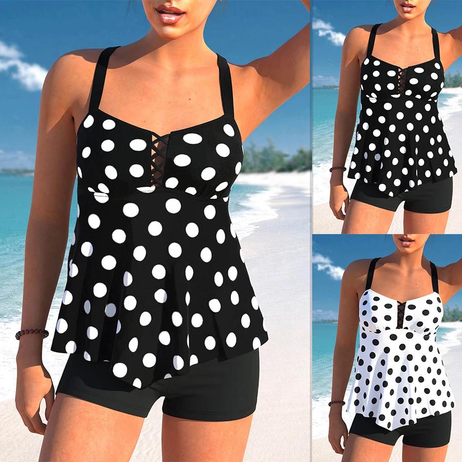 New High-quality Summer Ladies Double Straps Swimsuit Versatile Black and White Spots Printed Tankini Shorts Two-piece Set S-6XL