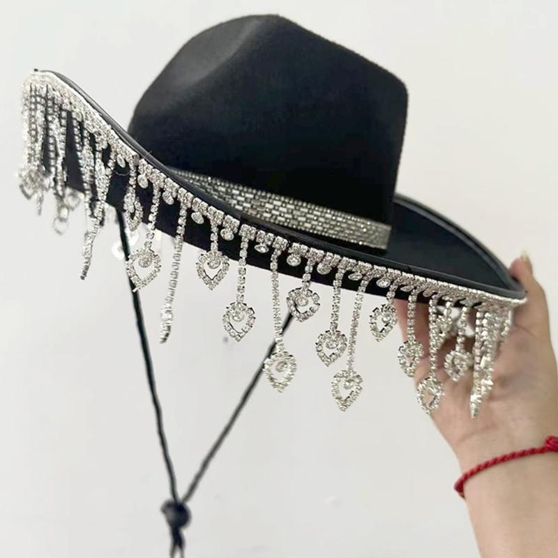 Glänzender Sommer-Cowgirl-Hut mit Herz-Strass-Fransen für Hochzeiten