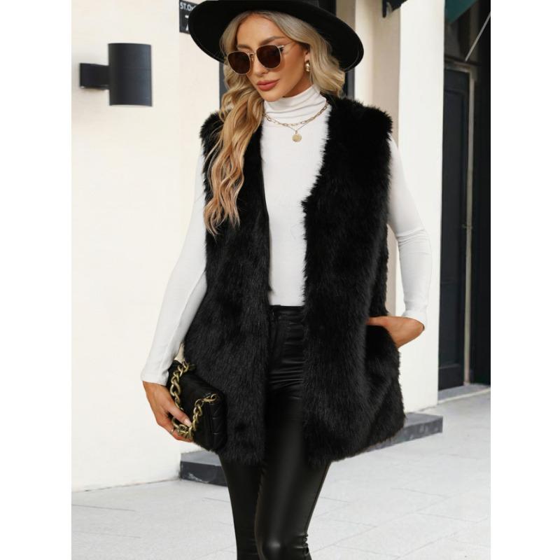 

Women s Faux Fur Sleeveless Vest Open Front Mid Length Gilet Coat S чёрный