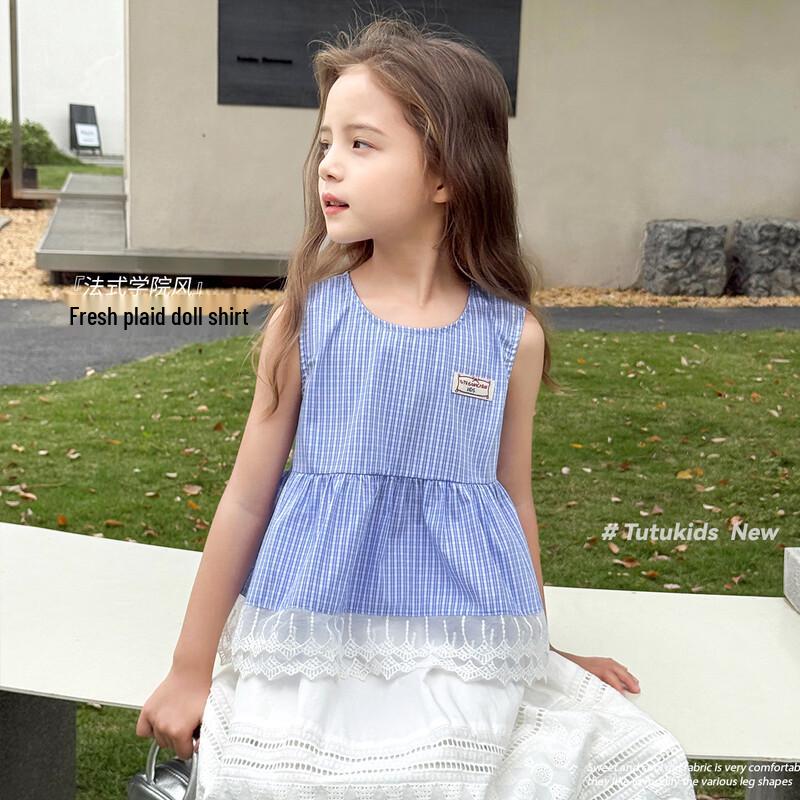 Tutuxiaoxiang Girls  Plaid Lace Sleeveless Doll Collar Top 130