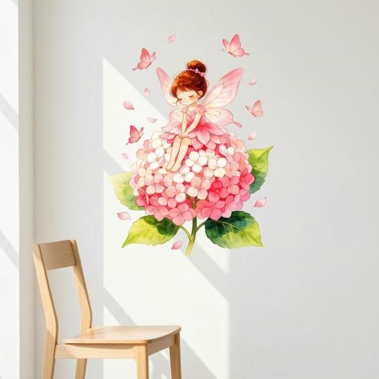 Blomsterfe Vægklistermærke, Store Lyserøde Hortensia Sommerfugl Vægdekorationer, Afskal Og Klæb Vægmaling Kunst til Piger Værelse Soveværelse Børneværelse Legeværelse