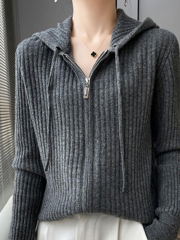 Korean Style Zipper Knit Cardigan - Long Sleeve, Loose Fit, Solid Color Hoodie