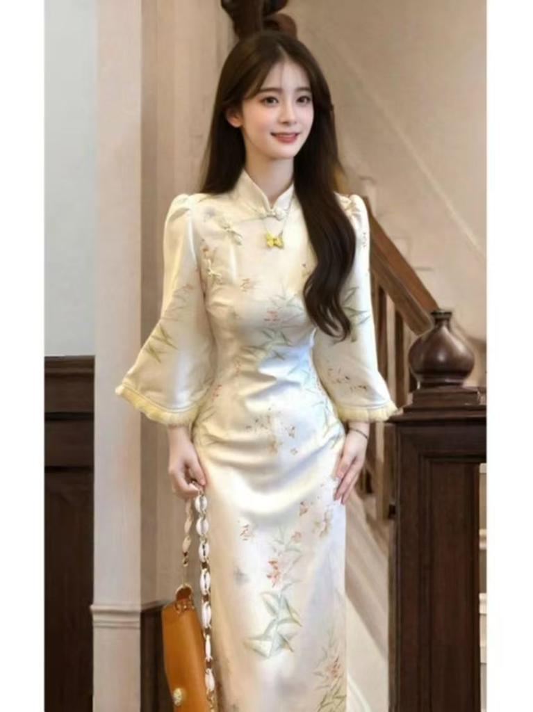 (High quality) New Chinese style, improved cheongsam skirt, high-end temperament, super slim hip-wrapped dress, autumn and winter