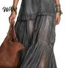 Stylish Women Sundress Women's Faux Denim Shirt Dress, Long Sleeve Mesh Patchwork Pleated Detail Dress Maxi Button Down Ruffle Sheer Printed